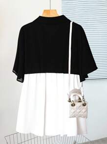 SHEIN LUNE Plus Size Women's Summer Contrast Color Short Sleeve Single-Breasted Casual Shirt - Black and White - View 2