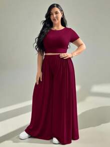 Auralis Plus-Size Summer Women's Casual Top & Wide-Leg Pants Summer Sets Spring - Burgundy - View 5