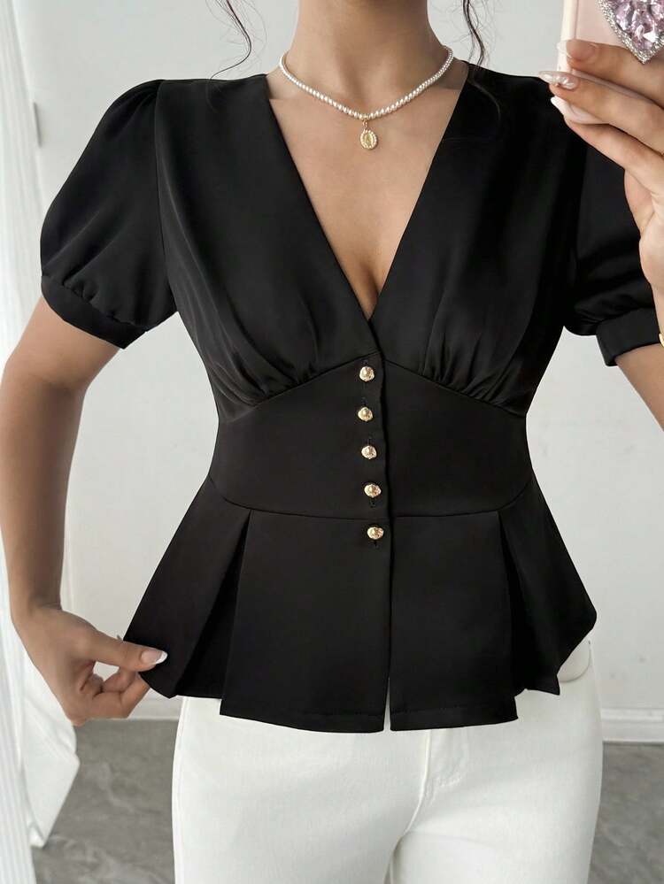 Women's V-Neck Short Sleeve Puff Sleeve Waist Shiny Satin Blouse, Summer