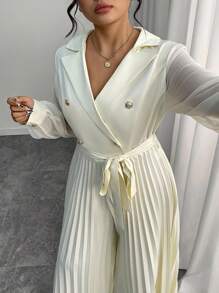 Elenzga 1 pièce Combinaison longue plissée à manches longues en mousseline de soie avec empiècement, amincissante à la taille, élégante tenue décontractée chic pour femmes grandes tailles. Vêtement d'automne pour femmes grandes tailles - Nude - Voir 8