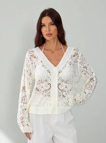 SHEIN Tall Áo len cardigan dệt kim khoét lỗ màu trơn thanh lịch cho nữ - trắng - Xem 3