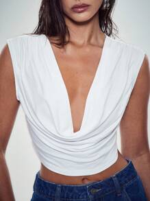 Denimoi 夏季性感露背围脖领无袖上衣 - 白色 - 查看 4