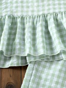 Girls (Small Size) Summer Elegant Lady T-Shirt Set, Green Plaid Sleeveless Top & Long Pants, Soft Casual Daily Wear Girls Gingham Outfit Girls Checkered Outfit Toddler Girl Gingham Set Mint Green Outfits For Kids Girls Two Piece Outfit Green Fall Winter