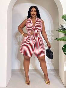 Slaydiva Striped Elegant Summer Holiday Fitted Sleeveless Blouse Collar Chest Tie-Knot Women Plus Size Short Jumpsuit-B - Red - View 7