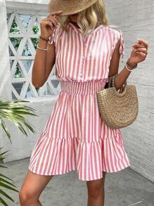 Breezaya Women Summer Blue & White Striped Shoulder Ruffle Bowknot Cinched Waist Cotton Dress