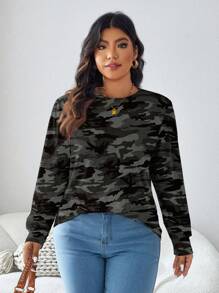 SHEIN LUNE Plus Size Women's Casual Camouflage Print Crew Neck Long Sleeve T-Shirt, Spring Autumn