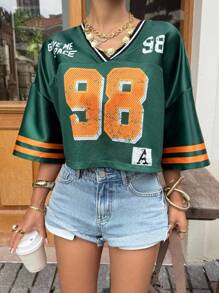 Muchica 女式宽松V领落肩T恤，带数字条纹印花，夏季 - 綠色 - 查看 6