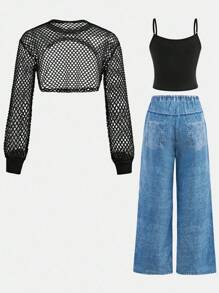 Tween Girls 街头时尚牛仔印花紧身裤、短款细肩带吊带背心和长袖连帽网眼上衣 3 件套，时尚风格 - 黑色 - 查看 2