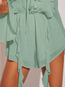 L'Amorae 女式纯色荷叶边领口喇叭袖前系带连体裤 - 薄荷綠 - 查看 6