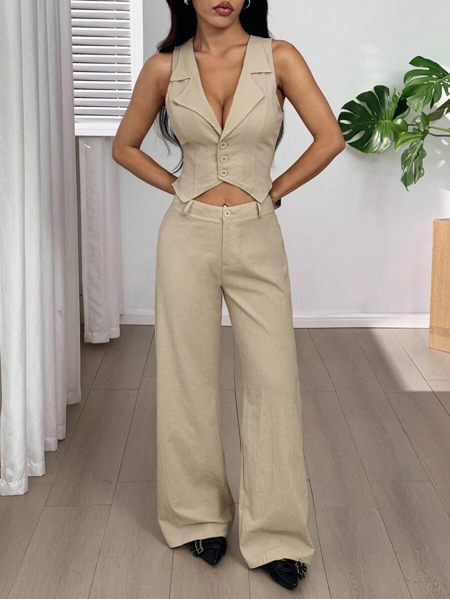 SHEIN EZwear Women's Casual Commuting Front Button Blazer Vest And Trousers Suit Set