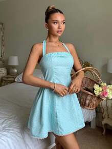 Glamine Abito corto estivo da donna con stampa a pois blu, scollo a canottiera e linea ad A, outfit da vacanza