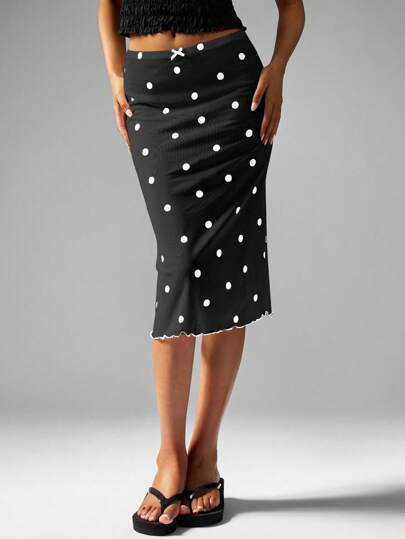 MISSGUIDED Polka Dot Midaxi Skirt Retro Style Slim Fit Midi Length Wave Hem Summer Spring Party Vacation Resort Wear