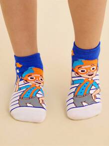 Blippi X SHEIN 5 双棉质柔软透气吸湿排汗儿童短袜彩色可爱卡通汽车图案踝袜加固脚趾和脚跟，经久耐用，男女通用，四季百搭，适合学校和户外 - 彩色 - 查看 6