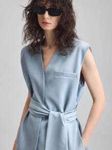 Ontre 2 件套女士纯色背心和裤子套装，日常办公室商务休闲装，秋冬季校服 - 藍色 - 查看 5