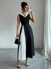 TrendSteals Robe élégante et gracieuse sans manches pour dame - Noir et Blanc - Voir 6