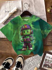 SHEIN Tween Boys Casual Creative Cartoon Colorful Game Console Block Person Pattern Printed Basic Short Sleeve T-Shirt Boys Tshirt Green Anime Shirt For Boys Graphic Tees For Boys Green Tshirt Summer Holiday - Multicolor - View 3