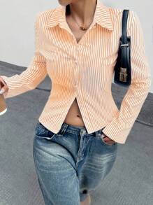 Chiquease 修身法式橙色和白色条纹优雅通勤长袖女式衬衫