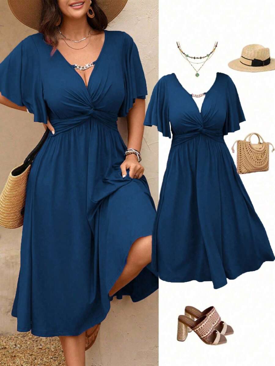 Rometta 大码女式春夏链条荷叶边扭腰纹理针织 V 领 A 字中长连衣裙