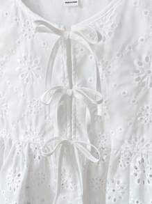 SHEIN 青少年女孩休闲日常度假纹理蝴蝶结短款上衣 - 白色 - 查看 4