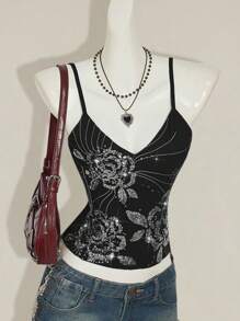SHEIN ICON Y2K夏季女士外出复古波西米亚风度假闪亮亮片女式夏季花卉刺绣亮片吊带背心 - 黑色 - 查看 5