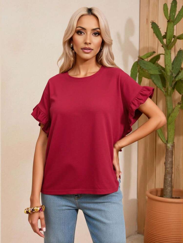 Women's Summer Loose Casual Ruffled Color Block Short Sleeve T-Shirt,Teacher