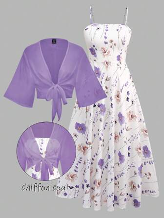 Franclia Women Plus Size Ditsy Floral Chiffon Dress With Shawl, Elegant 2 Pieces Set, Summer