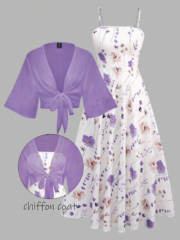 Franclia Damen Kleid mit Chiffon Blumenmuster in Große Größen mit Schal, elegantes 2-teiliges Set, Sommer