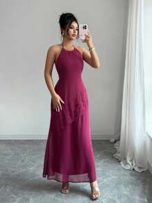 Rafferiza Đầm dài mỏng thiết kế xếp nếp cổ yếm thanh lịch cho nữ dùng cho dạ hội - Red Plum - Xem 1