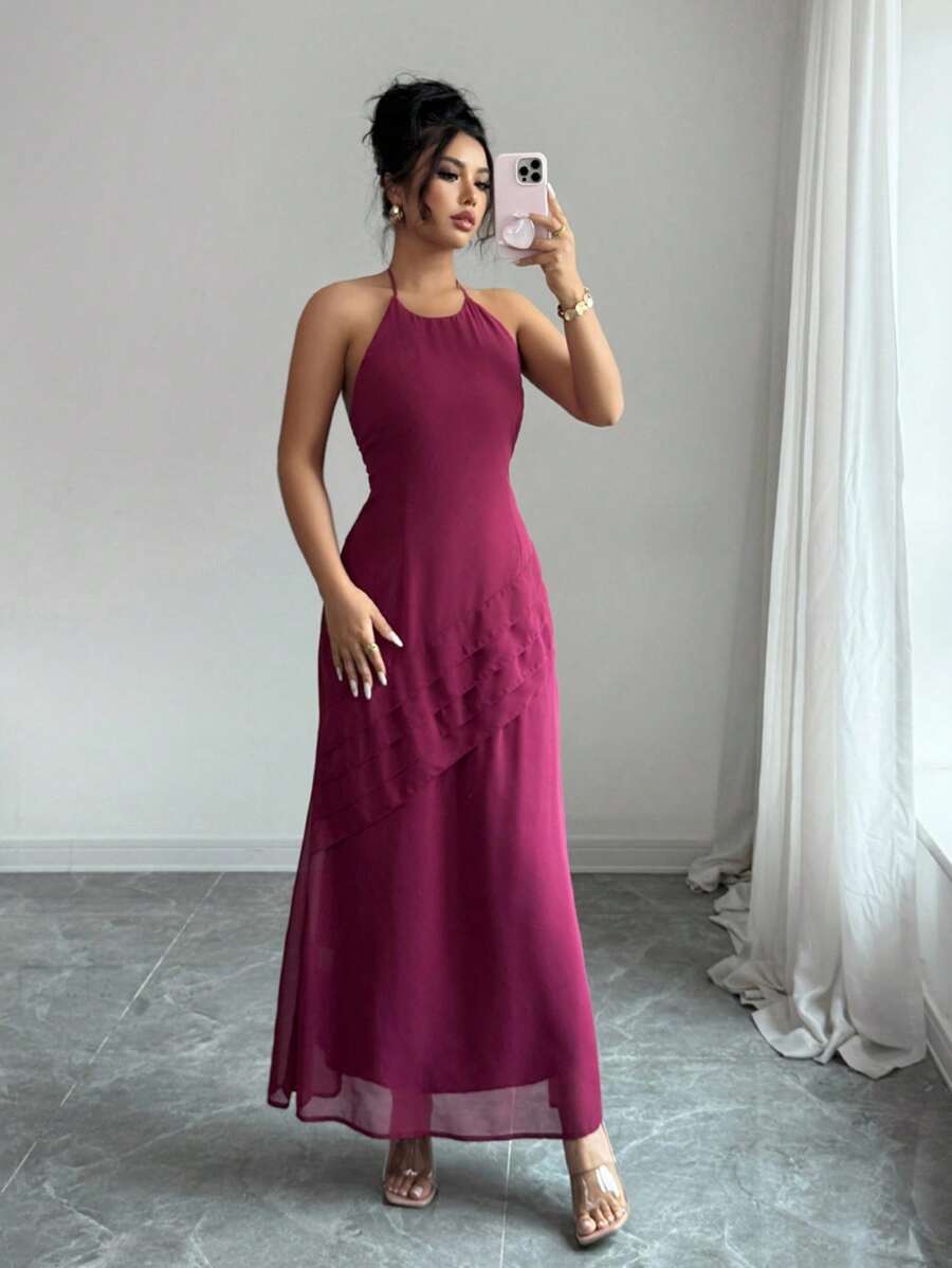 Rafferiza Đầm dài mỏng thiết kế xếp nếp cổ yếm thanh lịch cho nữ dùng cho dạ hội - Red Plum - Xem 1