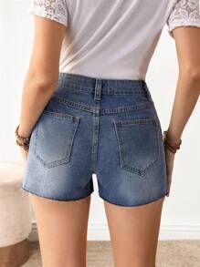 SHEIN LUNE Women's Frayed Edge Casual Belted Denim Shorts For Summer - Blue - View 3