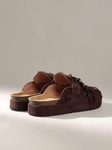 Solecia Giày lười đế dày mũi tròn đế bằng tua rua thường ngày cho nữ, màu cà phê - Cà phê nâu - Xem 4