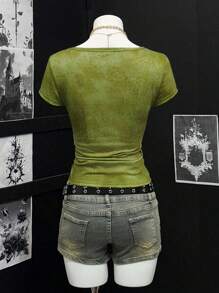 EgrlEra Women's Sheer V-Neck Half Zip Short Sleeve Printed T-Shirt - Multicolor - View 2