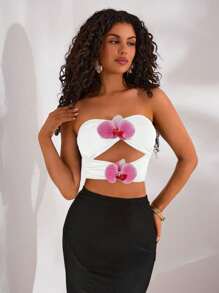Opulessa Women's Sexy Hollow Out Floral Decor Cropped Bandeau Top, Holiday Wear White Tube Top Flower Tube Top Orchid Tube Top White Bandeau Top - White - View 5