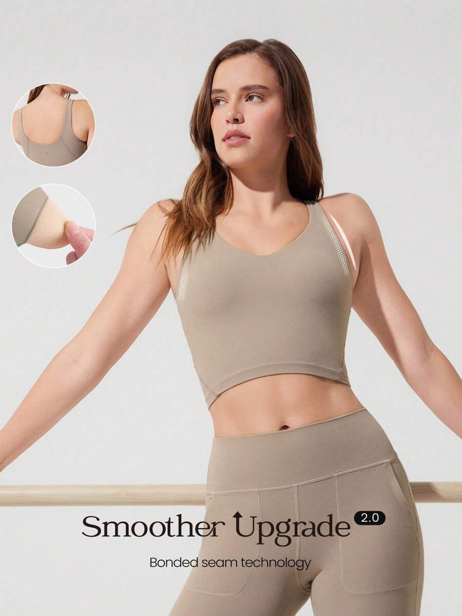 GLOWMODE FeatherFit™ U Back Cropped Active Tank Top Low Impact Yoga Daily Fall Winter - Khaki - View 1