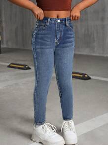Tween Girl Fashion Y2k Vintage Blue Stretch Skinny Jeans,Comfortable Washable Soft Casual School Summer Dailywear Back-To-School Homecoming Streetwear - Blue - View 4