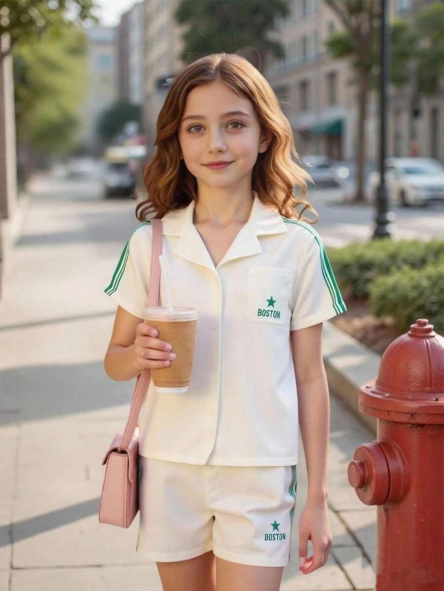 Tween Girl Summer Letter Print Short Sleeve Button-Up Top And Shorts Casual Outfit Set Summer Clothes Set - Apricot - View 1