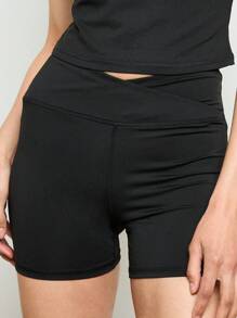 AiiRZ High Waisted Biker Shorts With Wrap Waistband Yoga Fitness Running Active Wear Mid Thigh Length