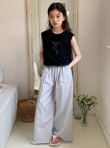 Dazy Kids 2pcs Tween Girl Set: Bow Print Round Neck Knit Top + Woven Striped Pants, Autumn - Black - View 8