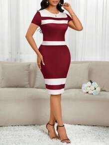 SHEIN Lady 春夏季优雅女士连衣裙婚礼宾客礼服女士婚礼生日礼服女士夏季服装女士度假夏装短袖黑粉色条纹图案连衣裙 - 酒紅色 - 查看 4