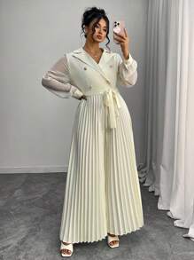 Elenzga 1 pièce Combinaison longue plissée à manches longues en mousseline de soie avec empiècement, amincissante à la taille, élégante tenue décontractée chic pour femmes grandes tailles. Vêtement d'automne pour femmes grandes tailles - Nude - Voir 7