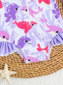 Baby Girls' Cute Cartoon Fish Print Long Sleeve Rash Guard One-Piece Swimsuit, Ideal For Resort & Beach Wear