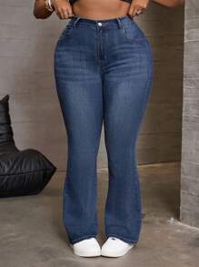 Dripcurv Plus Size Women Rhinestone Five-Pointed Star Patch Pocket Flared Jeans - Blue - View 7