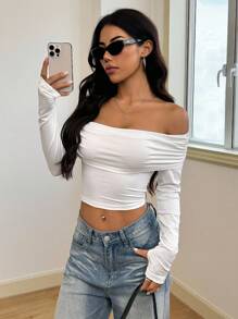 INAWLY Women's Solid Color Off-Shoulder Pleated Long Sleeve Cropped Slim Fit T-Shirt For Spring And Summer
