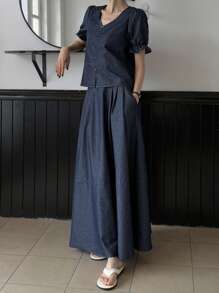 DAZY Set di due pezzi in denim vintage, stile vintage, delicato ed elegante, design snellente - Blu lavato scuro - Visualizzare 4