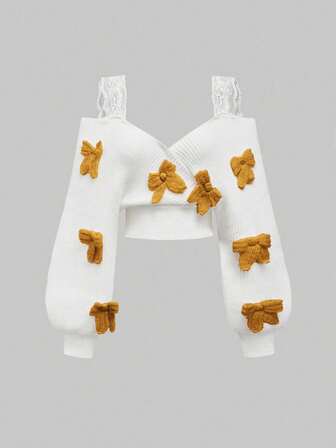 Kawaii French Elegant Sexy Lace Strap Deep V Off Shoulder Bowknot Pullover Sweater