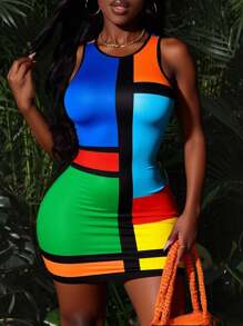 Slaydiva 2025 Summer New Casual Street Style Sexy Chic Colorblock Patchwork Print Sleeveless Crop Top Mini Dress, Suitable For Music Festivals, Sexy Street Style, Graduation, Western Nomadic, Boho, Daily Outing, Motorcycle Sports, Clubs, Baddie Vibe, Birthday Party, Student Uniform, Basic Versatile, Casual, Vacation, Cruise, Beach, Sunbathing, Viral , Party Gathering - A - Multicolor - View 3