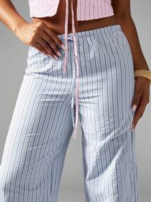 MISSGUIDED Hochhüftige Nadelstreif Weite Bein Hose Urlaubskleidung Strand Urlaub Sommer Elastischer Bund Lounge Wear Lässig Hose