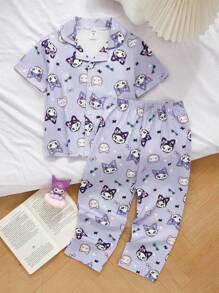 少女系紫色暗猫印花可爱甜美开襟简约短袖长裤家居服，萌系甜美系列