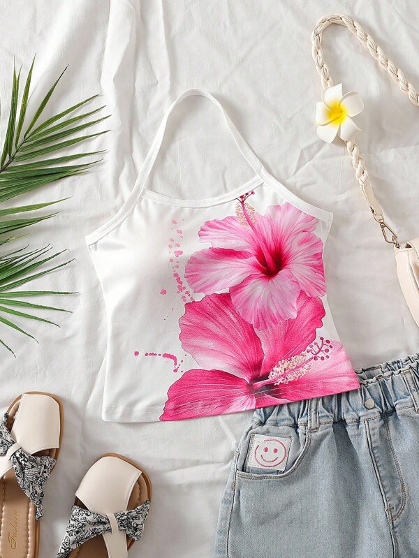 Tween Girls' Floral Print Halter Neck Casual Tank Top For Vacation