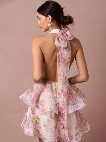 Enchnt 女式花卉印花荷叶边下摆无袖迷你连衣裙，时尚露背